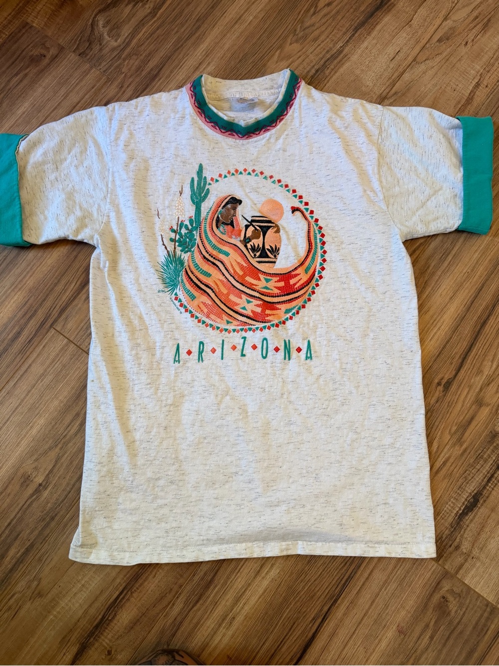 Vintage 90s Arizona Graphic Desert Tee in Teal & Coral